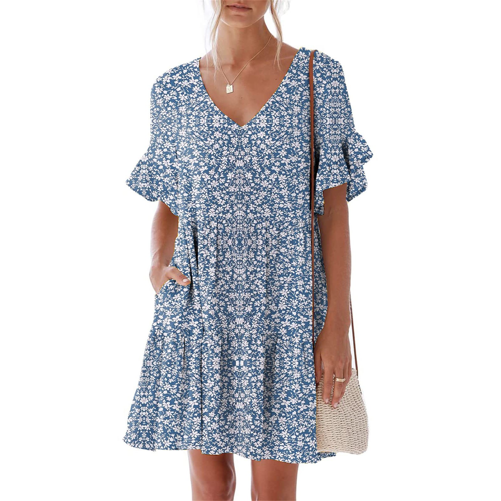 Leesechin Summer Dresses for Women Ladies Plus Size Elegant Dress Sweet \u0026 Cute V-Neck Mini Dress with Pocket Short Sleevele Ruffle Dress